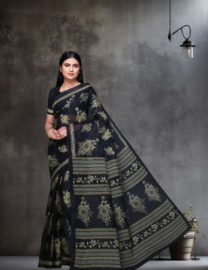 ADVIKA Black Floral Printed Pure Cotton Saree