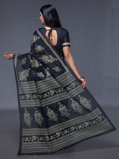 ADVIKA Black Floral Printed Pure Cotton Saree