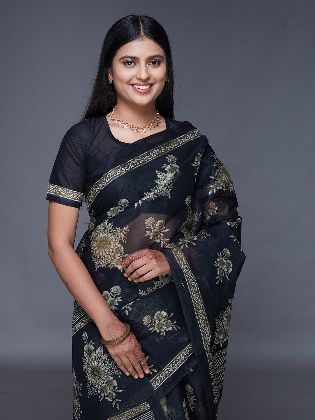 ADVIKA Black Floral Printed Pure Cotton Saree