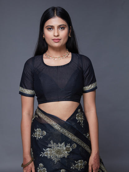 ADVIKA Black Floral Printed Pure Cotton Saree