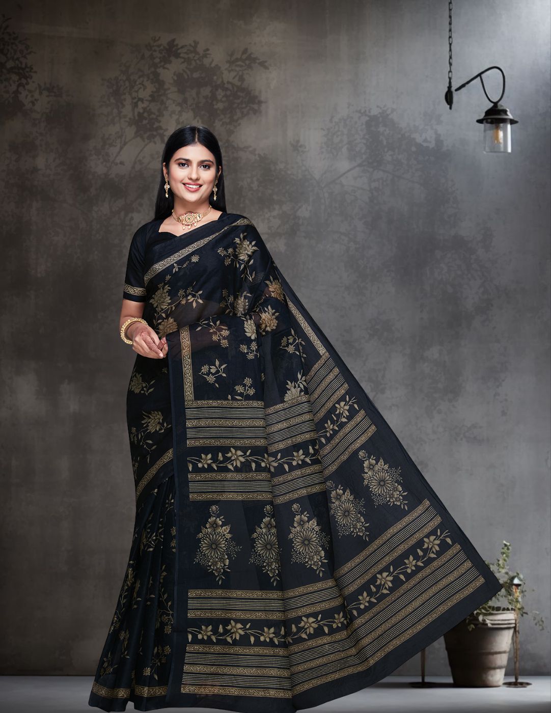 ADVIKA Black Floral Printed Pure Cotton Saree