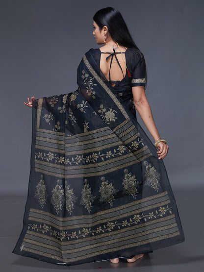 ADVIKA Black Floral Printed Pure Cotton Saree