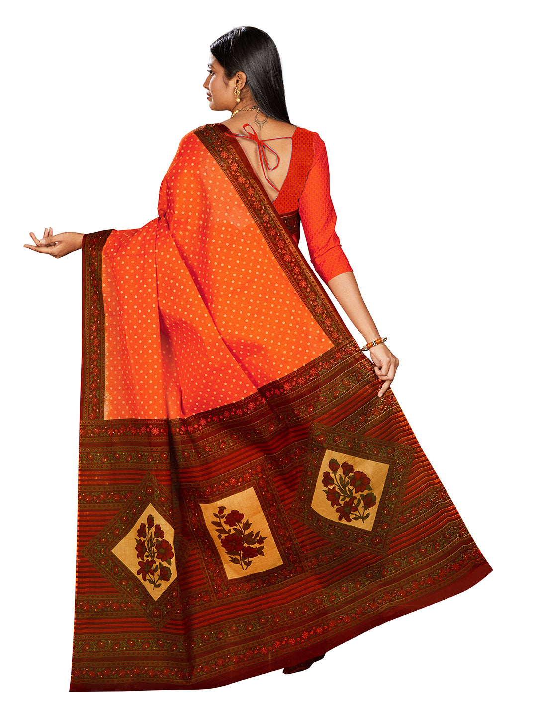 KERALA BEAUTY Orange Printed Pure Cotton Saree