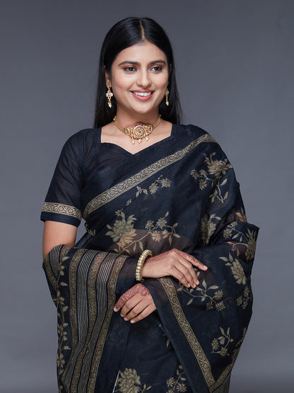 ADVIKA Black Floral Printed Pure Cotton Saree