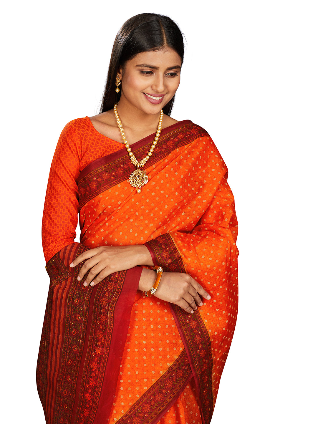 KERALA BEAUTY Orange Printed Pure Cotton Saree