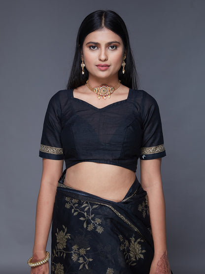 ADVIKA Black Floral Printed Pure Cotton Saree