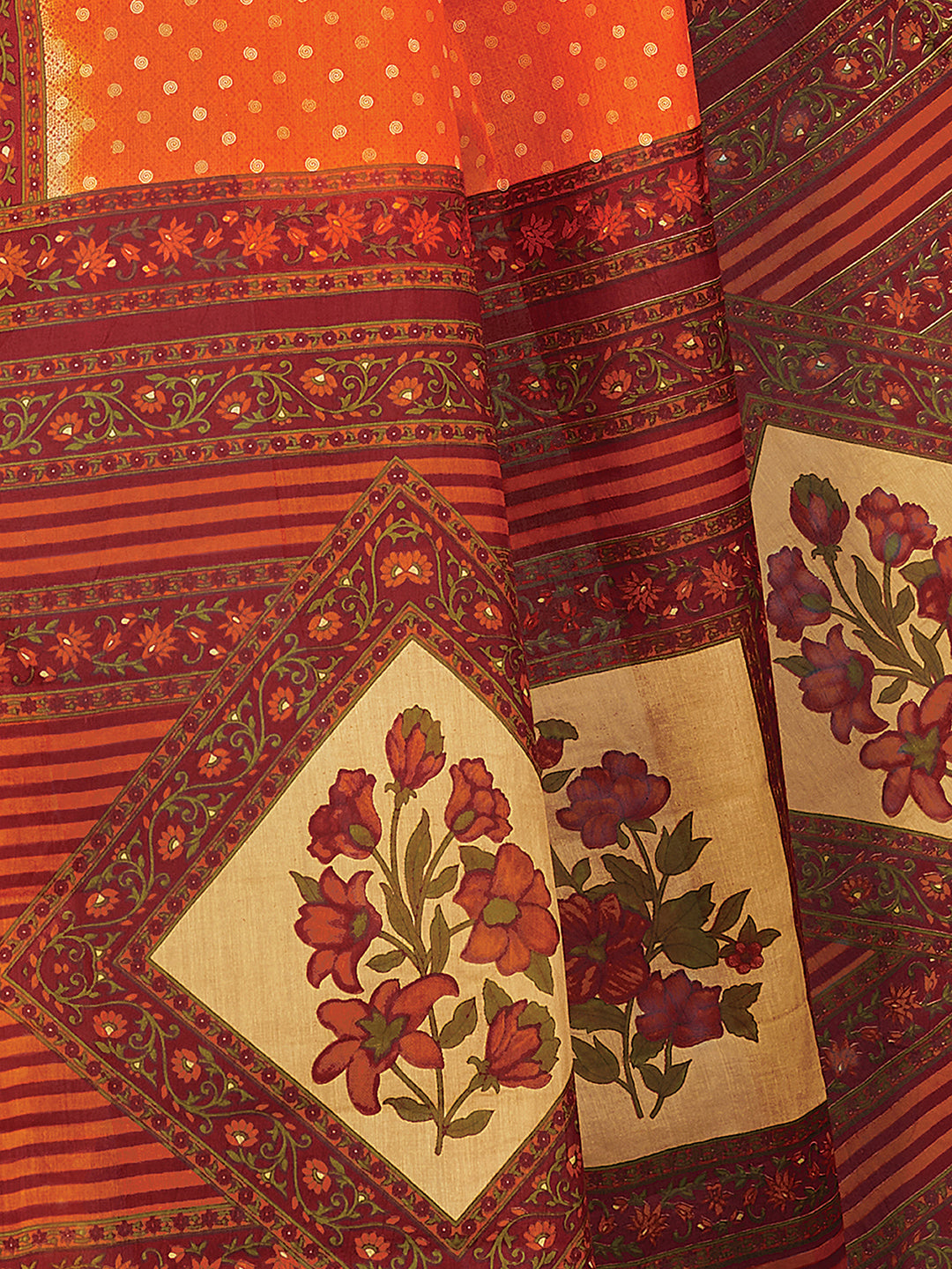 KERALA BEAUTY Orange Printed Pure Cotton Saree