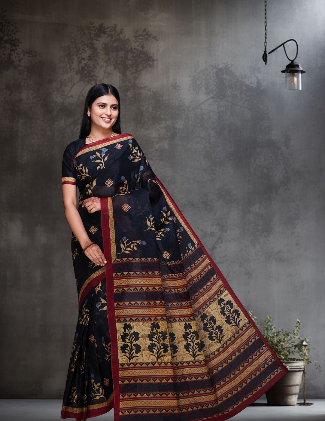 ADVIKA Black Floral Printed Pure Cotton Saree