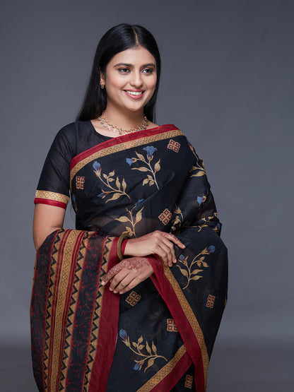 ADVIKA Black Floral Printed Pure Cotton Saree