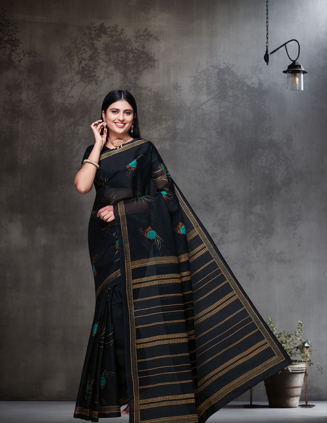ADVIKA Black Floral Printed Pure Cotton Saree