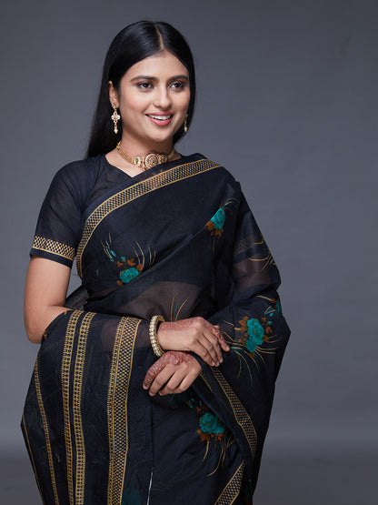 ADVIKA Black Floral Printed Pure Cotton Saree
