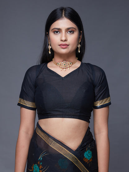 ADVIKA Black Floral Printed Pure Cotton Saree