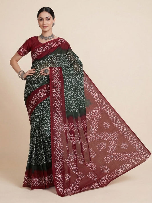Green Batik Printed Pure Cotton Saree