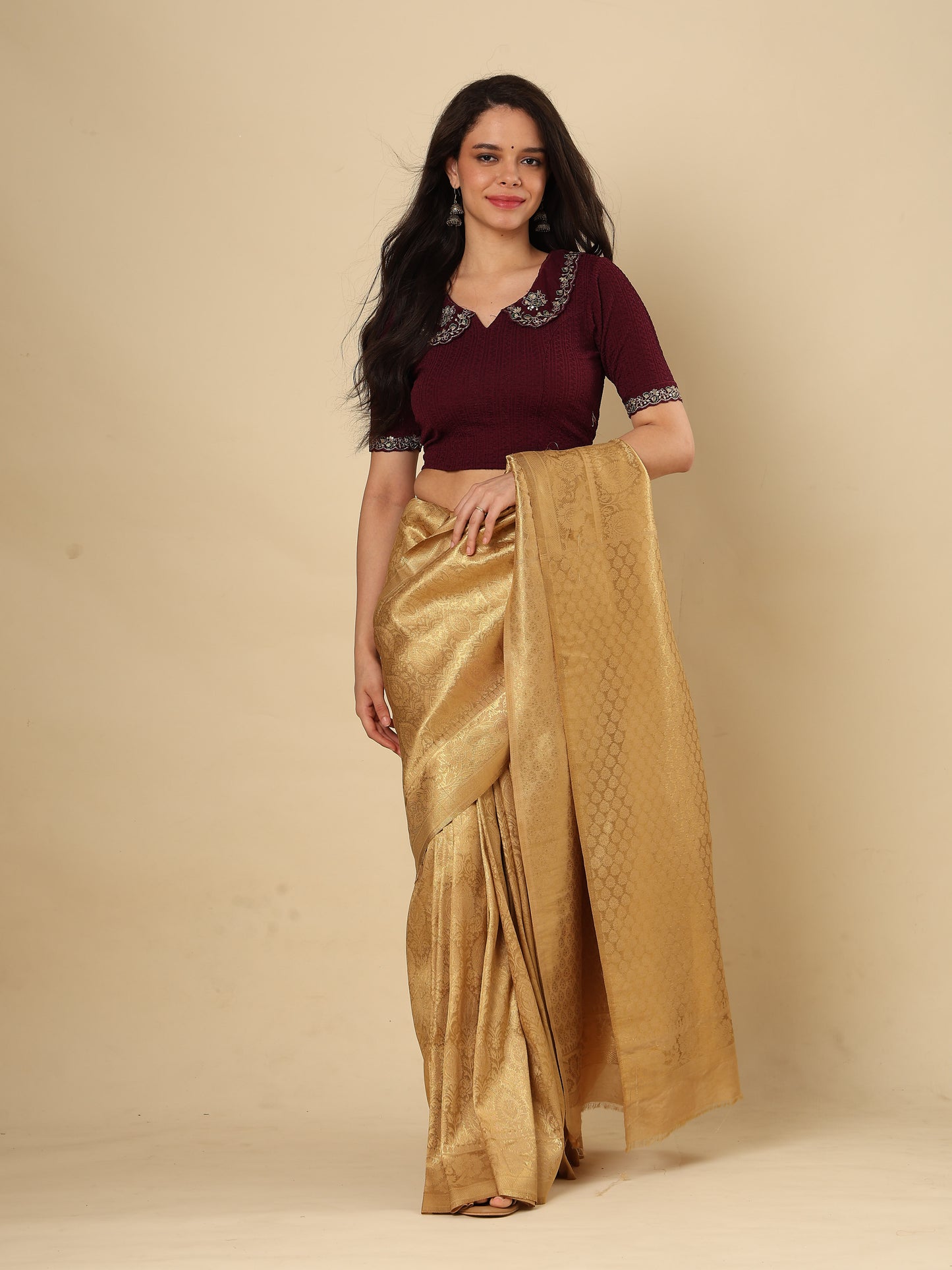 Wine Embroidered Non Padded Stretchable Saree Blouse