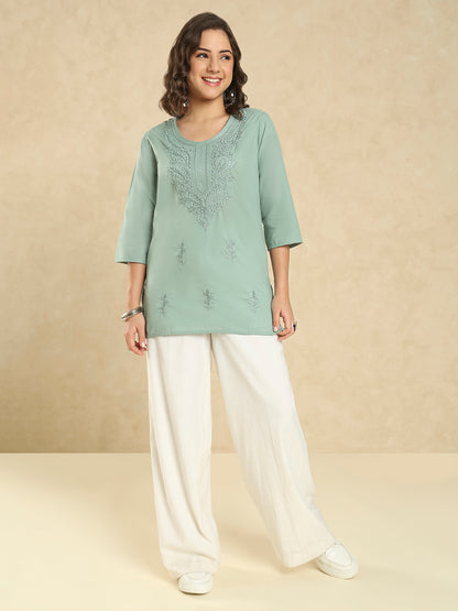 Sea Green Cotton Solid Embroidered Short Kurti