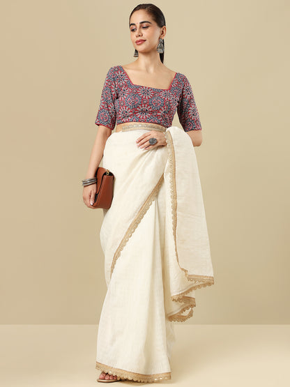 Cotton Ajrakh Printed Square Neck Padded Saree Blosus