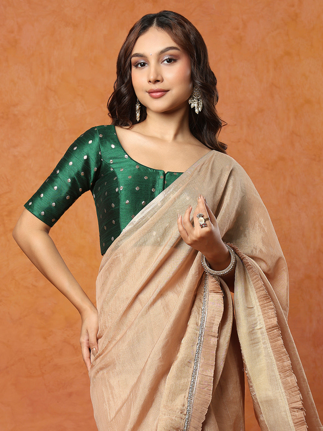 Green Brocade Round Neck Readymade Blouse