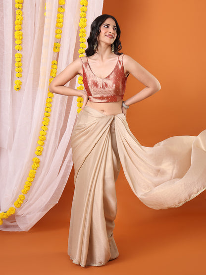 Rust Tissue Woven Design Sleeveless Padded Saree Blouse