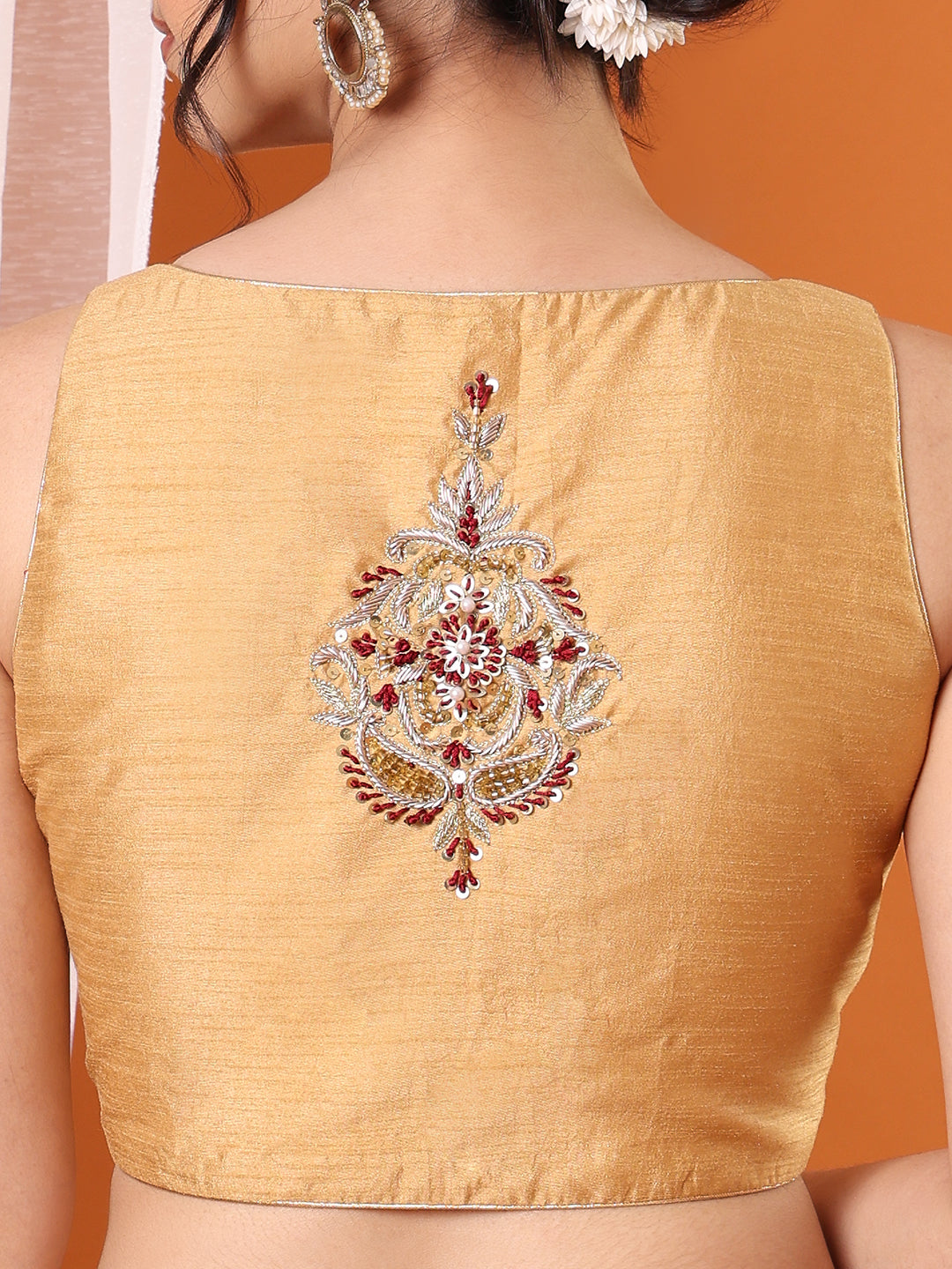 Beige Silk Embroidered Sweetheart Neck Padded Saree Blouse