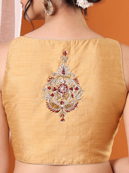 Beige Silk Embroidered Sweetheart Neck Padded Saree Blouse