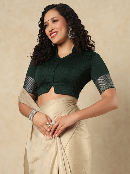 Green Cotton Lycra Stand Collar Readymade Blouse