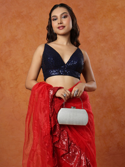 Navy Blue Sequin Sleeveless Readymade Blouse