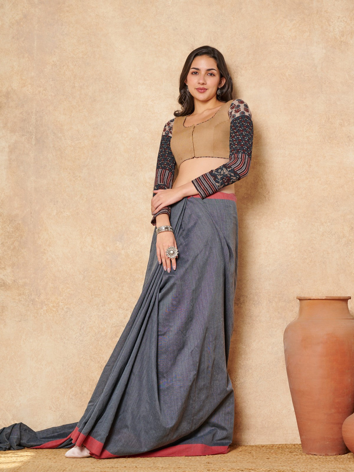 Beige Pure Cotton Readymade Blouse With Ajrakh Sleeves
