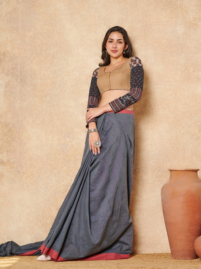 Beige Pure Cotton Readymade Blouse With Ajrakh Sleeves