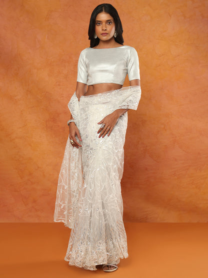 Silver Tissue Boat Neck Readymade Blouse