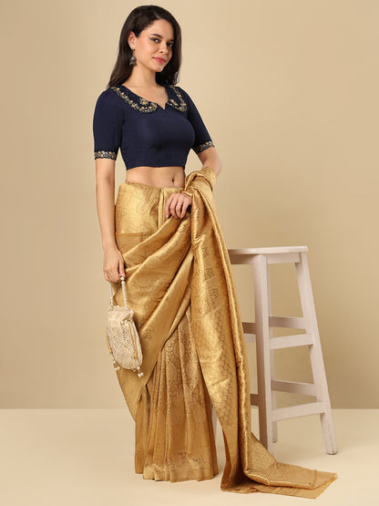 Navy Blue Embroidered Non Padded Stretchable Saree Blouse