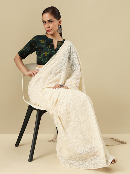 Ajrak Block Printed Cotton Boat Neck Padded Saree Blouse