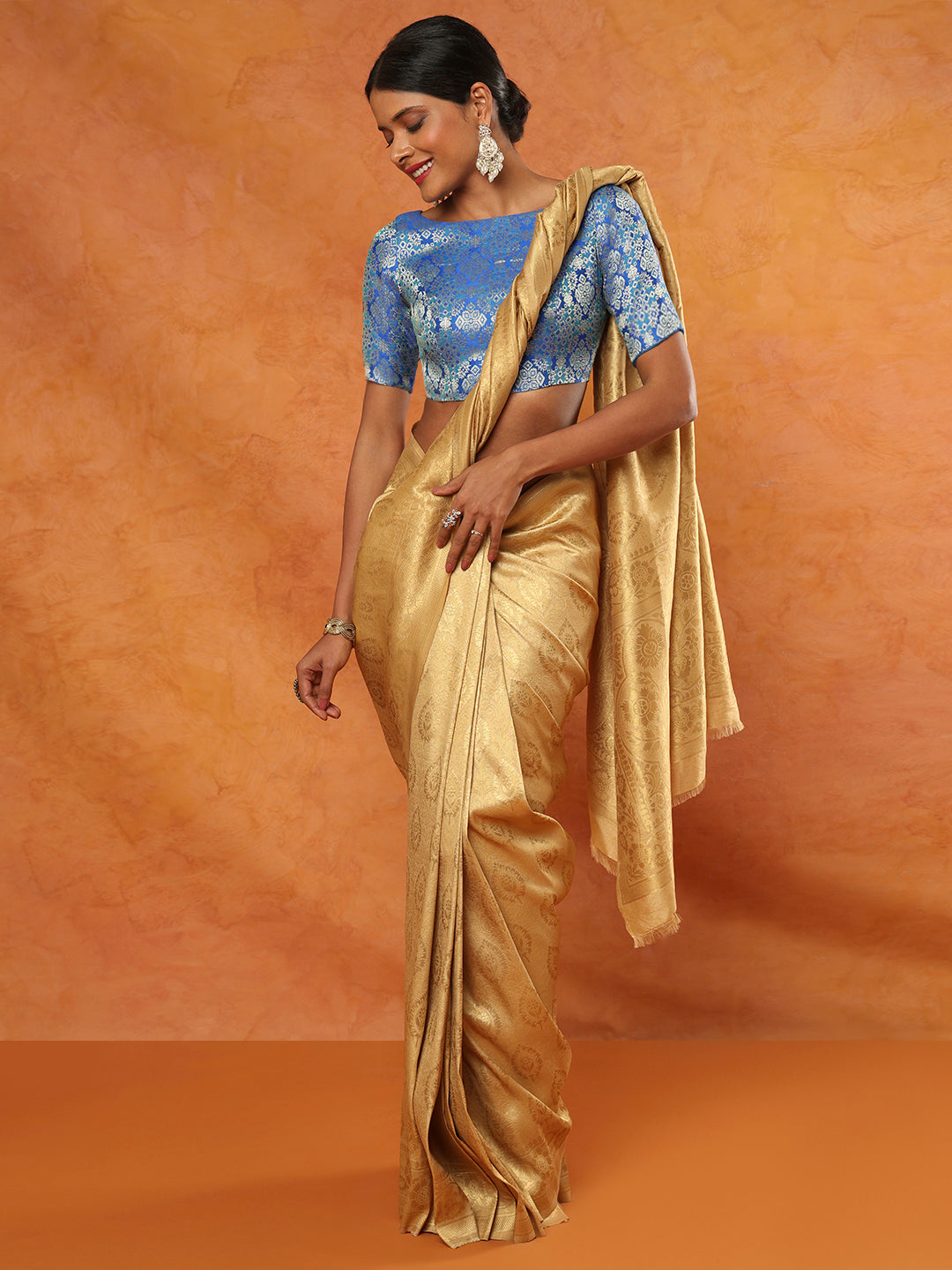 Blue Brocade  Neck Brocade Elbow Sleeves Readymade Saree Blouse