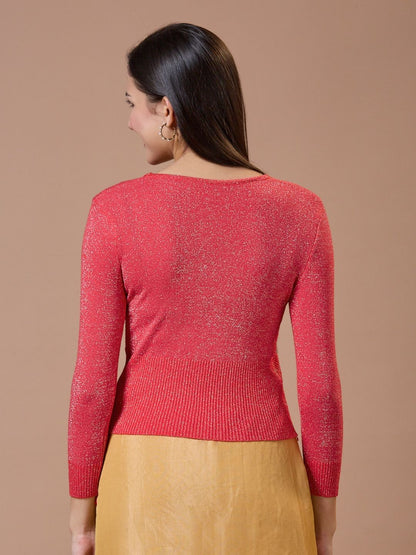 Red Woolen Round Neck Full Sleeves Stretchable Readymade Blouse