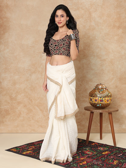 Black Cotton Kalamkari Round Neck Stretchable Readymade Blouse
