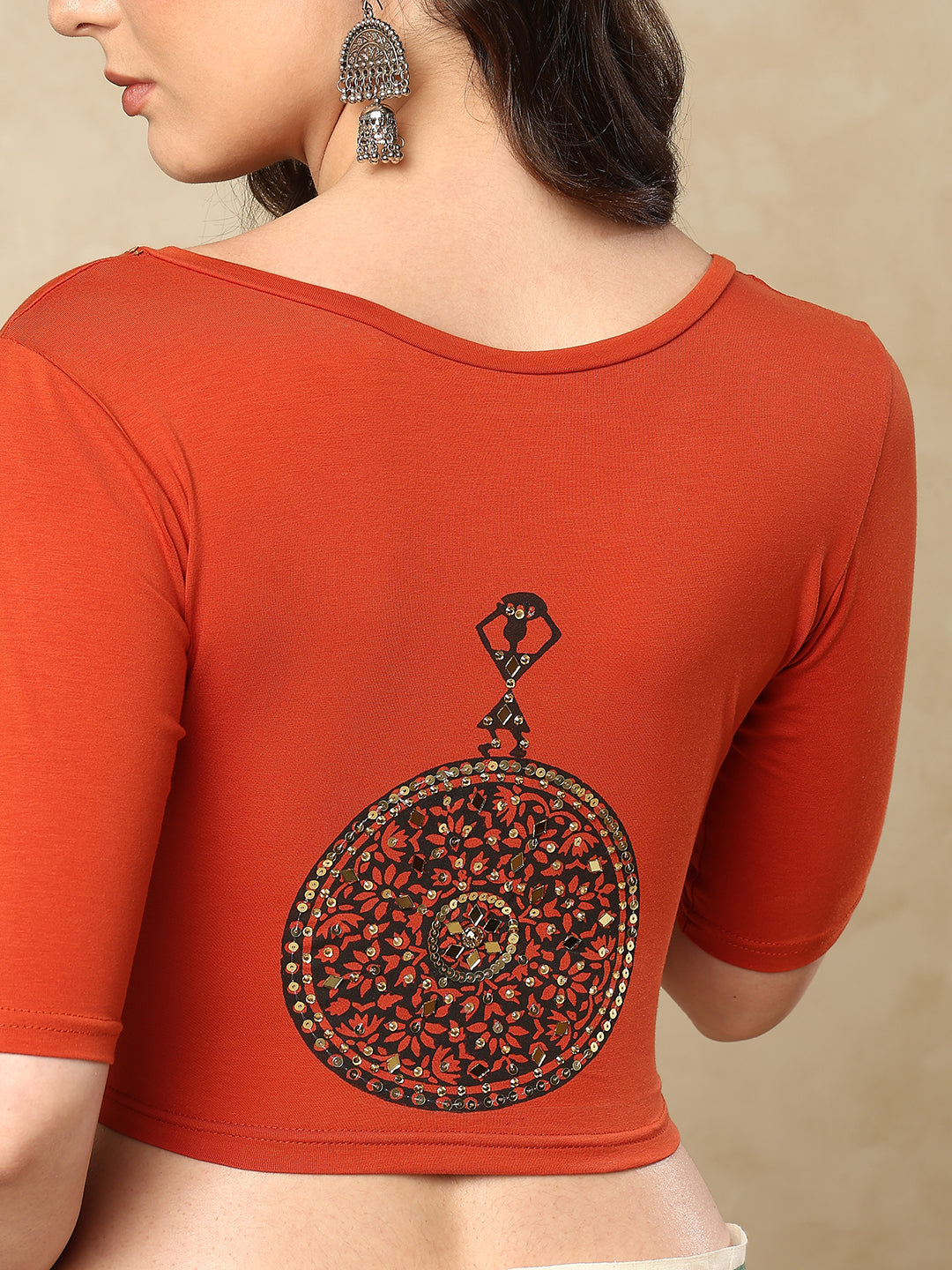 Rust Cotton Lycra V Neck Readymade Blouse