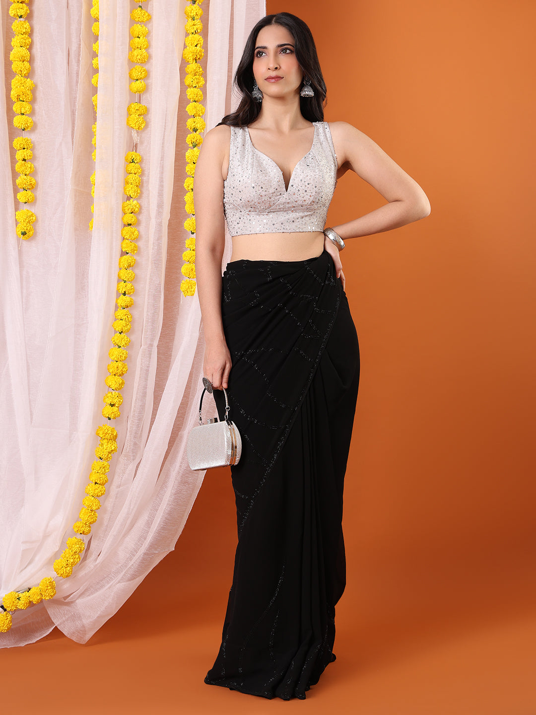 Silver Georgette Embellished Sweetheart Neck Padded Saree Blouse