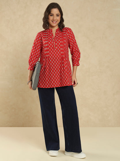 Red Cotton Ethnic Motifs Printed Short Kurti