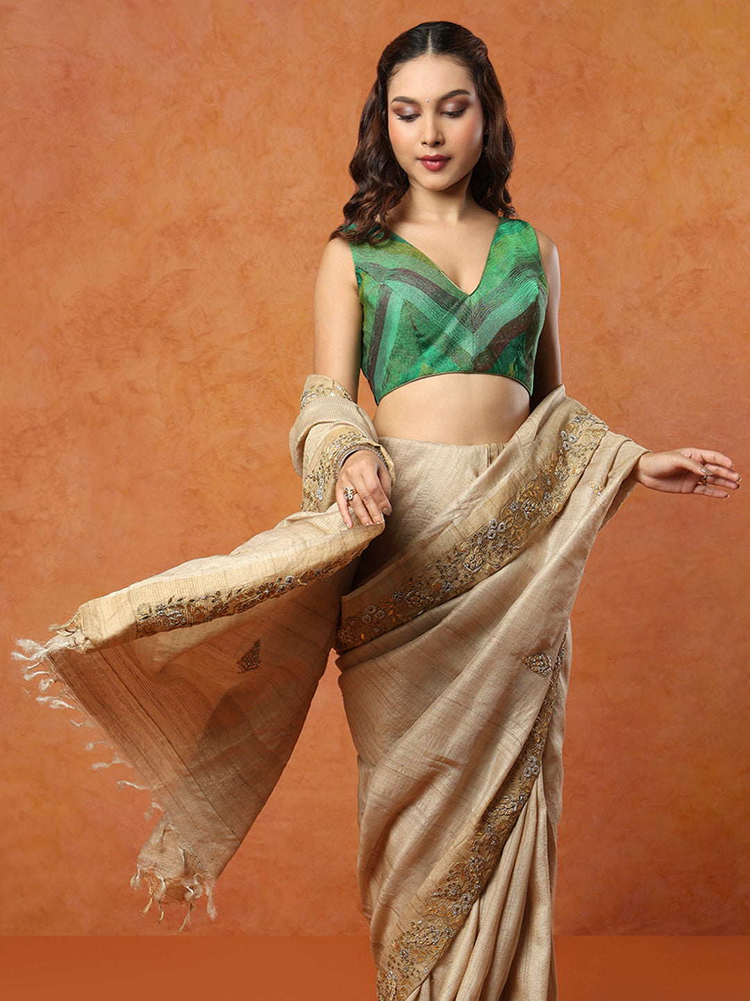 Green Tissue Sleeveless Readymade Blouse