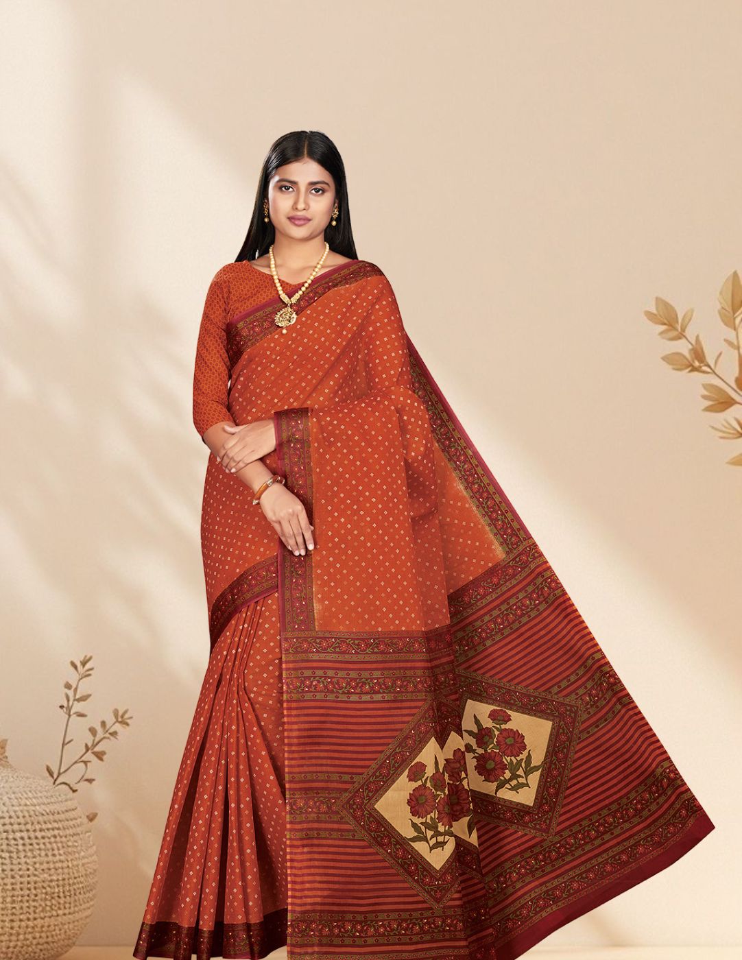 KERALA BEAUTY Rust Printed Pure Cotton Saree