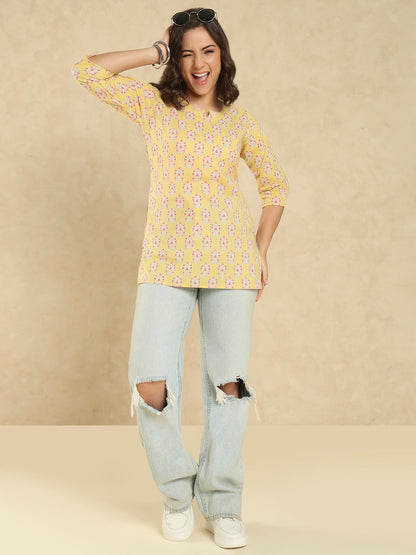 Yellow Cotton Printed Short Kurti