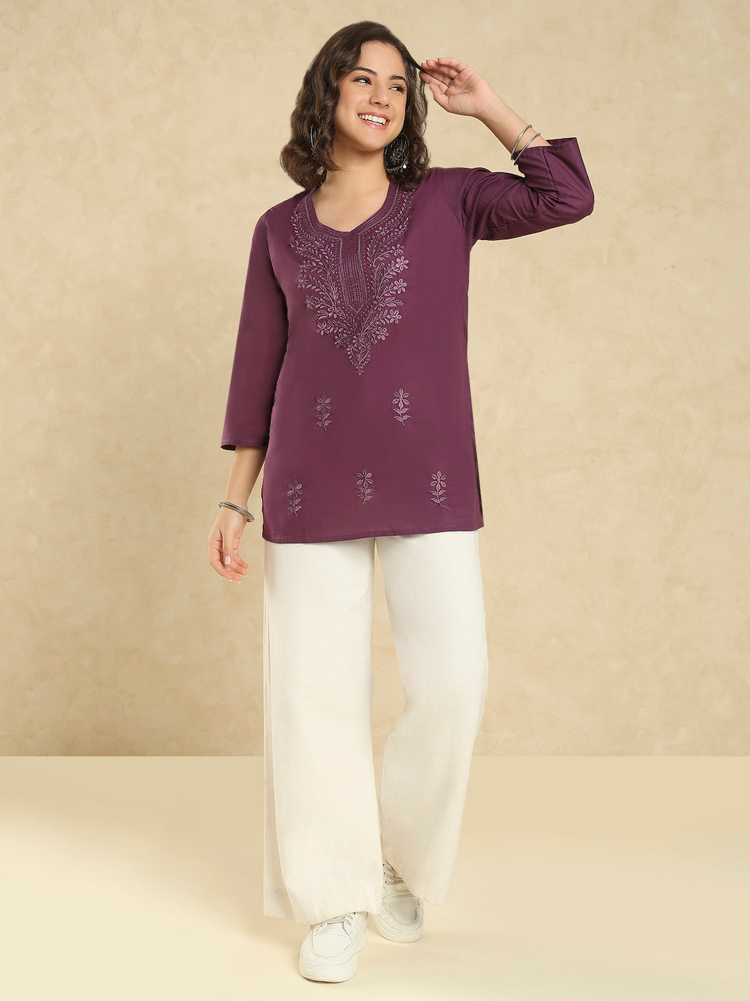 Purple Cotton Solid Embroidered Short Kurti
