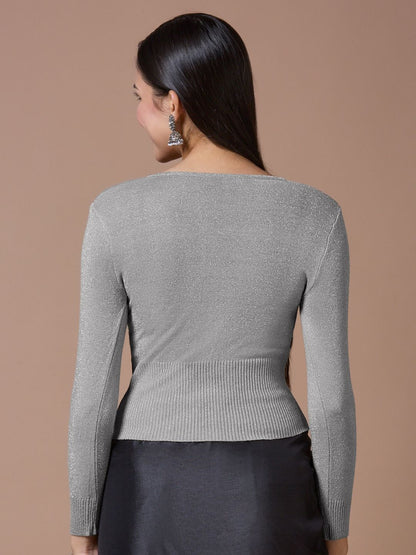 Grey Woolen Round Neck Full Sleeves Stretchable Readymade Blouse