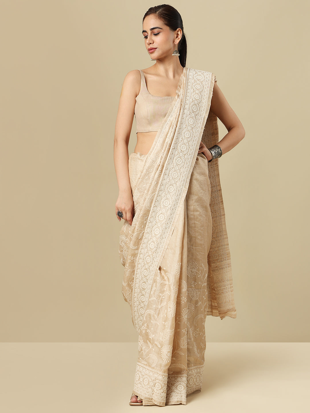 Beige Pure Linen Sleeveless Readymade Saree Blouse