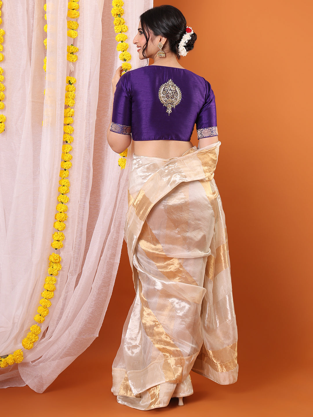 Purple Silk Embroidered Sweetheart Neck Padded Saree Blouse