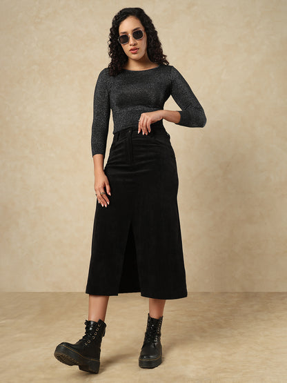Black Woolen Round Neck Full Sleeves Stretchable Readymade Blouse