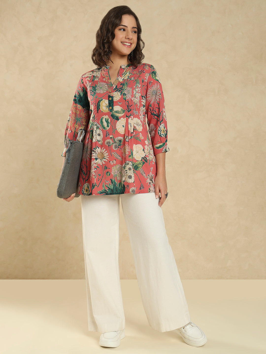 Red Cotton Floral Printed Short Kurti