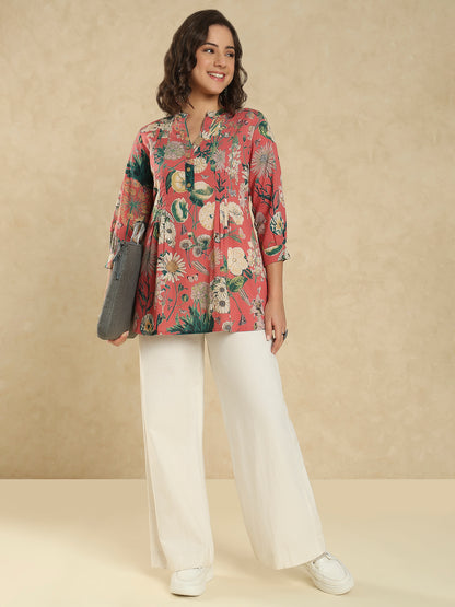 Red Cotton Floral Printed Short Kurti