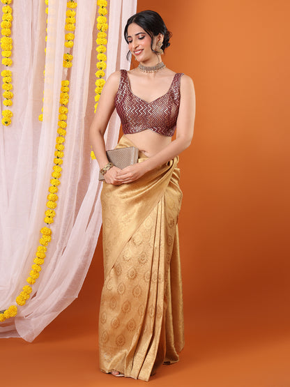 Burgundy Brocade Woven Design Sleeveless Padded Saree Blouse