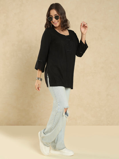 Black Cotton Solid Embroidered Short Kurti