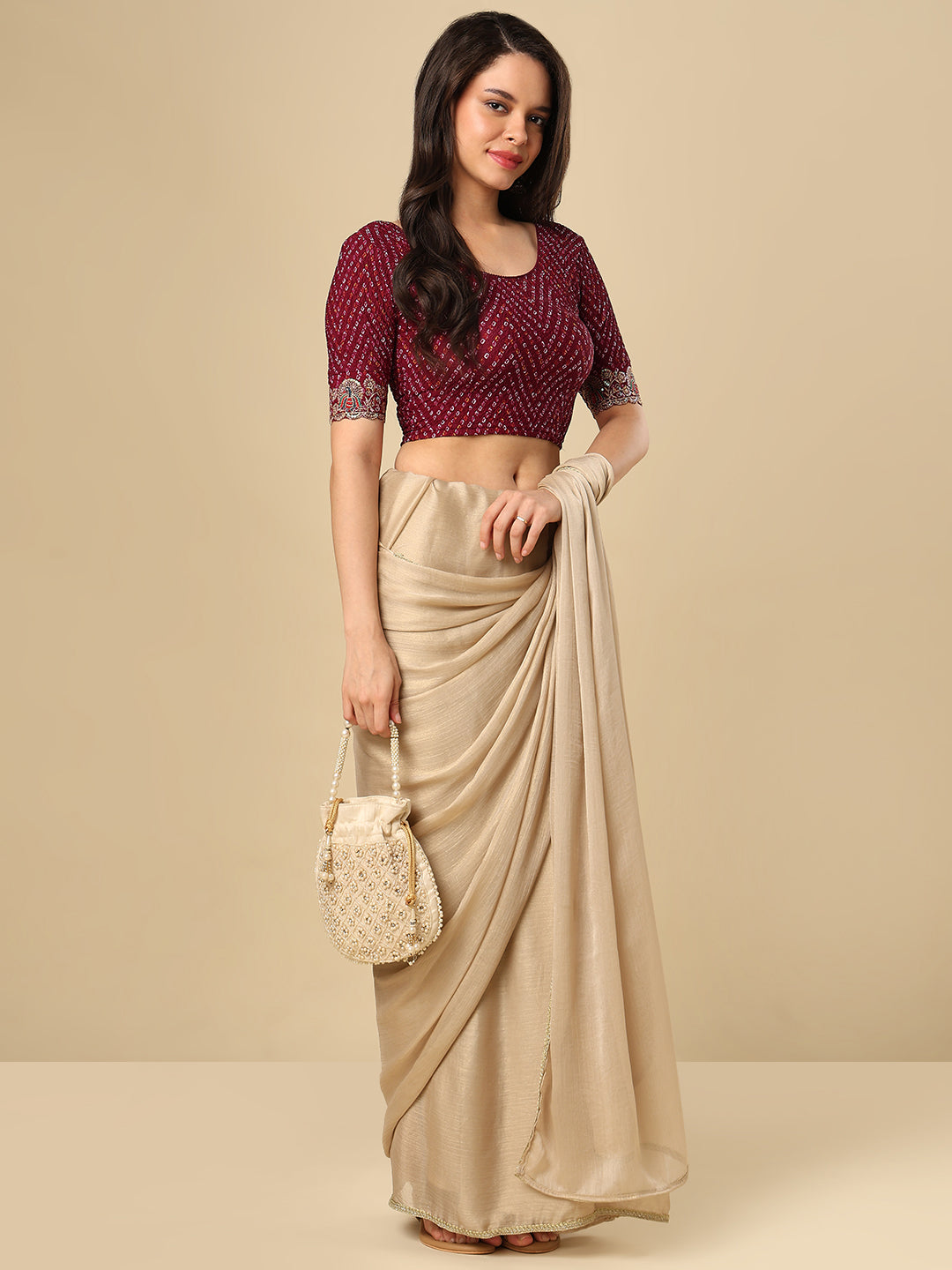Wine Embroidered Non Padded Stretchable Garba Saree Blouse